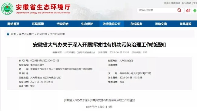 安徽:梳理全省41500余家涉VOCs排放企業(yè)，分類展開VOCs管理的項(xiàng)目